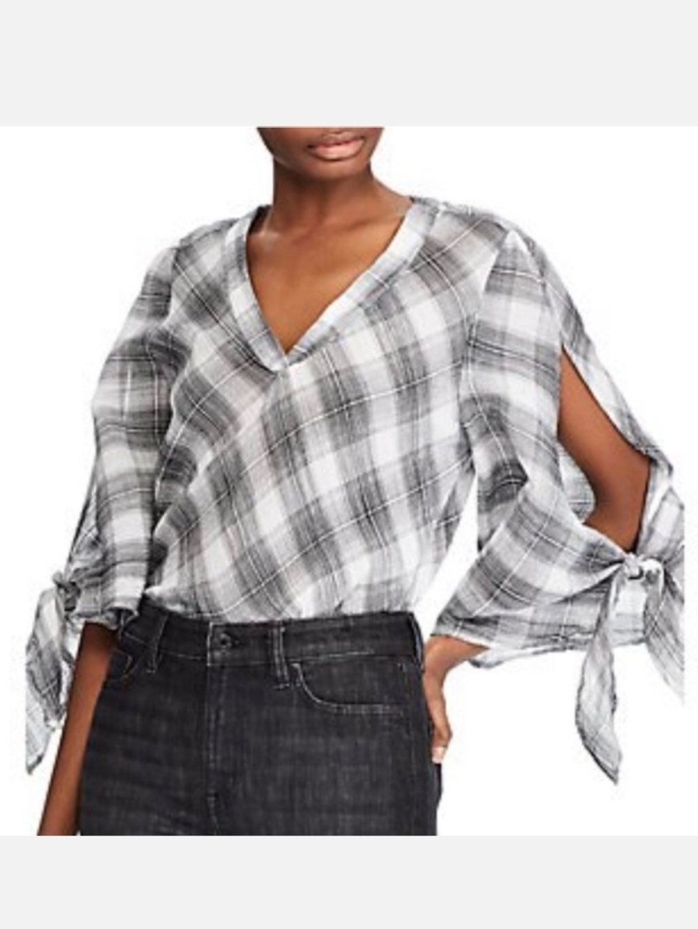 Lauren Ralph Lauren Cotton Black White Plaid V-Neck Tie-Sleeve Top Boho Babe